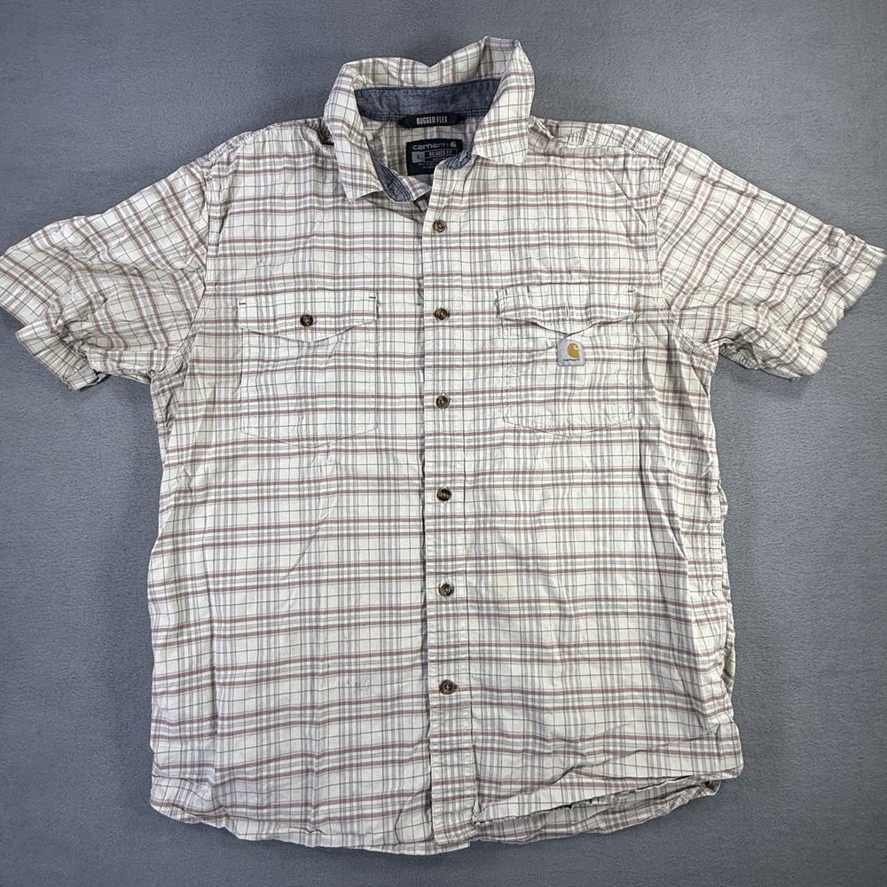 Carhartt Button Up Shirt Mens Large Beige Plaid Relaxed Fit Rugged Flex *